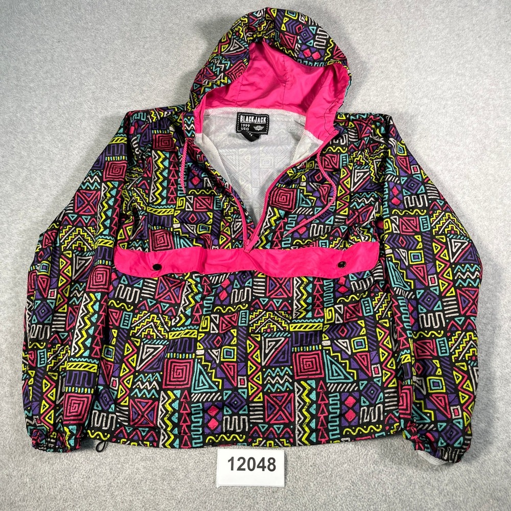 Vintage 90s Blackjack Windbreaker Jacket Mens Medium Multicolor Geometric Hooded